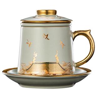 容山堂瑞鹤图汝窑汝瓷泡茶杯陶瓷茶水分离杯绿茶杯办公杯水杯