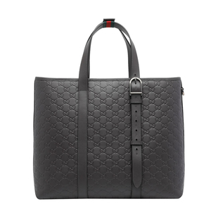 GUCCI 古驰男士灰色emblem大号真皮购物包2026早春新款意大利代购