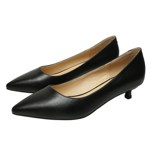 真皮尖头高跟鞋女黑色细跟3cm百搭职业软皮5cm小跟单鞋正装工作鞋