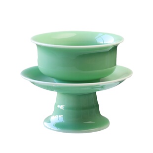 龙泉青瓷斋碗陶瓷大号供菜碗素面碗供斋碗家用高脚供奉礼佛饭碗