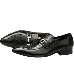 春季新款鸵鸟纹男鞋英伦真皮尖头套脚马衔扣鞋子男商务正装皮鞋黑