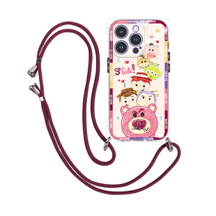 迪士尼适用苹果15promax手机壳iphone14斜挎可背ip12pro新款13pormax女草莓熊16plus四角开孔带挂绳防摔磁吸