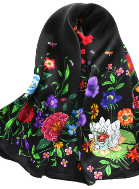 黑色花卉真丝大方巾女士丝绸礼品