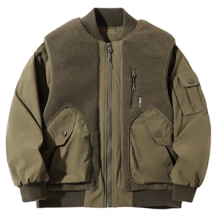 冬季颗粒绒拼接棉衣外套男2025新款工装飞行员夹克宽松保暖棉服潮