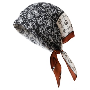 法式文艺黑白玫瑰丝巾时髦辣妹抹胸高品质丝绸包头巾多功能大方巾