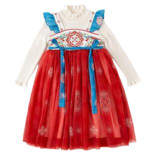 嘟嘟家女童拜年服唐装汉服冬季加绒女孩国风裙子女宝古风连衣裙冬