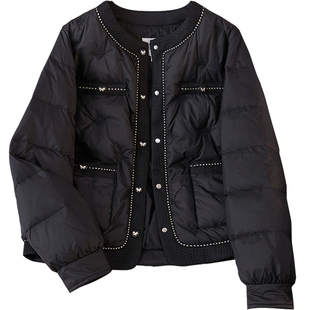 她池淑女风羽绒服2025冬季新款女装气质圆领拼接蝴蝶结小香风外套