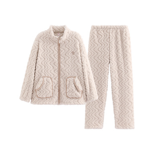 芬腾情侣珊瑚绒睡衣秋冬季新款男女士套装加绒加厚拉链立领家居服