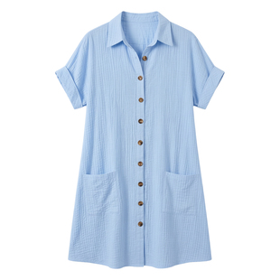 休闲单排扣中长款短袖Casual solid color single breasted dress