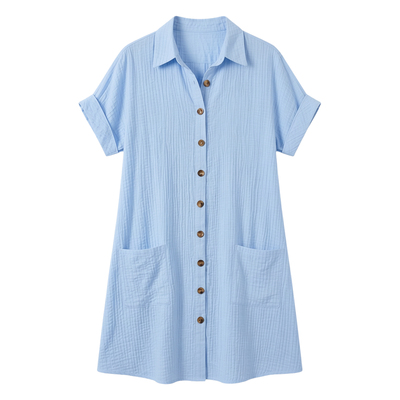 休闲单排扣中长款短袖Casual solid color single breasted dress