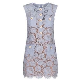 秋季新款女装法式小香风蓝色蕾丝花朵无袖短款A字连衣裙新到黄色