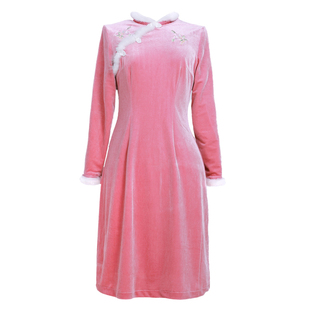 冬季打底裙大码女装轻国风胖MM日常改良款绣花古风丝绒旗袍连衣裙