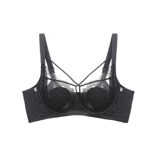 伊丝艾拉黑色蕾丝性感内衣女夏季薄款大胸显小全罩杯钢圈承托文胸