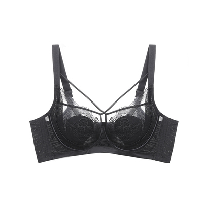 伊丝艾拉黑色蕾丝性感内衣女夏季薄款大胸显小全罩杯钢圈承托文胸