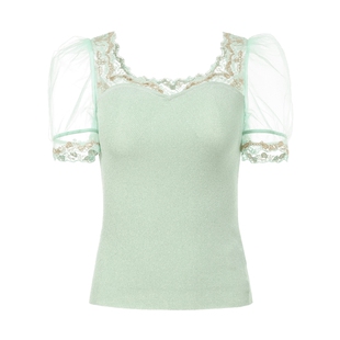 【奥莱】MAXRIENY夏季套头泡泡袖上衣女浅绿色淑女风针织衫女薄款