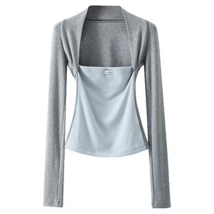 夕蒙2026新款春季韩系设计感上衣小众小个子绝美收腰长袖拼色t恤