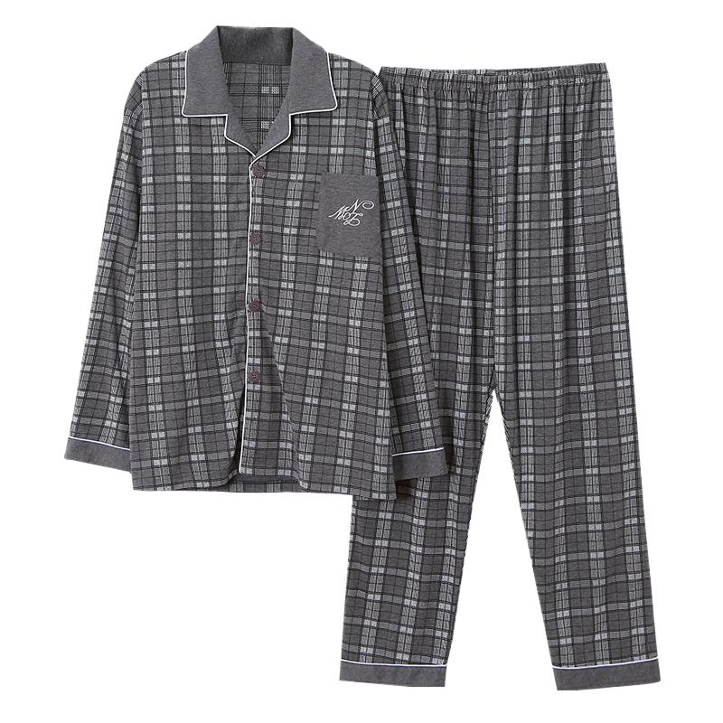 睡衣男春秋长袖100%纯棉中老年人爸爸秋冬款全棉大码家居服套装