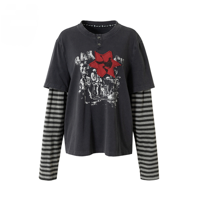 现货BAK原创设计 “无序音符”假两件摇滚印花打底衫春秋针织上衣