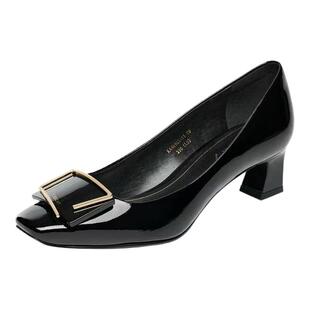 特价KISSCAT接吻猫2026粗跟低跟方头漆牛皮女单鞋KA68501-11