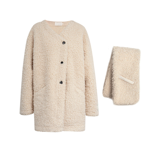 Kroche 暖意绒绒 圈圈呢羊羔毛 可拆卸围巾中长款毛毛外套