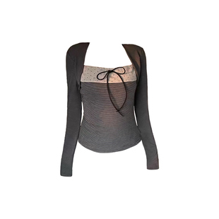 韩系甜辣妹方领假两件长袖T恤女秋冬新款修身洋气显瘦莫代尔上衣