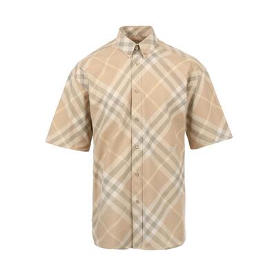 【自营】BURBERRY/博柏利男士战马徽标格纹宽松纯棉短袖衬衫