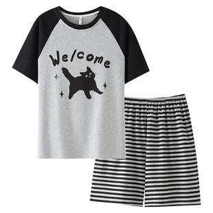 儿童睡衣夏季薄款短袖短裤女孩纯棉卡通小黑猫女中大童家居服套装