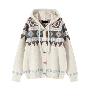 专柜费尔岛连帽毛衣外套牛角扣开衫女秋冬复古宽松慵懒风针织上衣