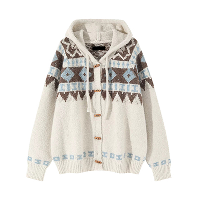 专柜费尔岛连帽毛衣外套牛角扣开衫女秋冬复古宽松慵懒风针织上衣