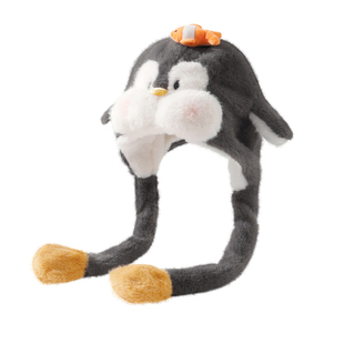 会动的耳朵帽子女2025新款可爱企鹅毛绒帽显脸小冬保暖护耳套头帽