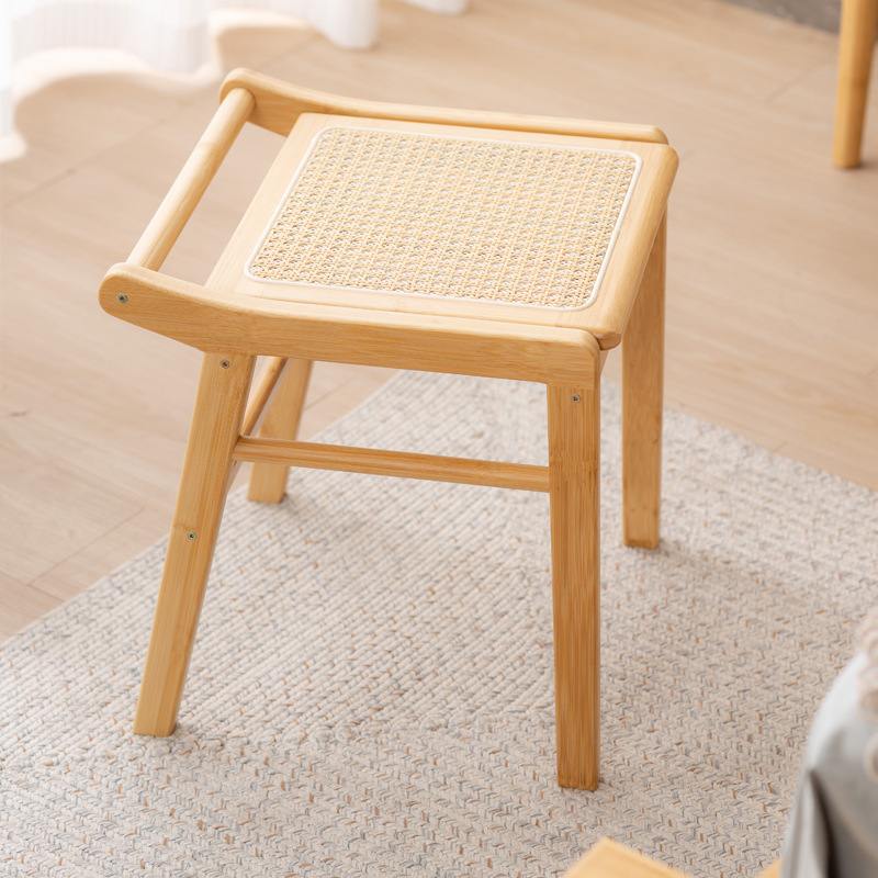 日式藤编化妆台凳子家用卧室红凳简约风网原木美甲店方凳小梳妆