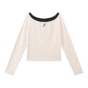 江南先生NewJNXS华绒撞色大领口长袖T恤春百搭修身短款打底衫女款