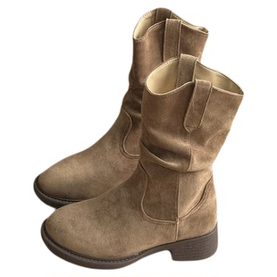 品牌真皮骄屿美拉德短靴女款新款复古马丁靴粗跟堆堆靴西部牛仔靴