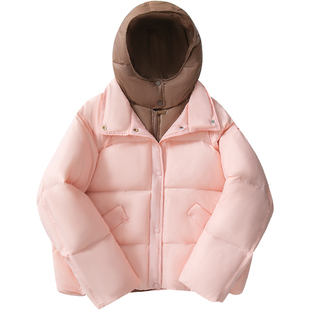 稀有概率原创设计假两件粉色短款羽绒服女冬季90白鸭绒面包服外套