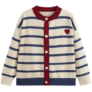 女童外套春秋款2026新款秋装条纹针织开衫洋气时髦儿童装毛衣上衣
