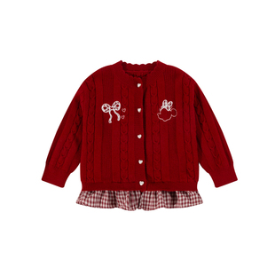 迪士尼童装秋冬女童格子公主裙套装儿童针织开衫毛衣连衣裙两件套