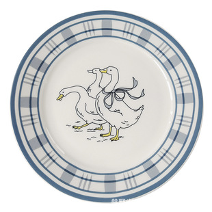 蓝色格子天鹅盘椭圆形小众盘高颜值网红平盘浅盘甜品点心陶瓷餐盘