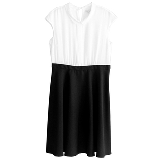 夏季大码女装上白下黑拼接抽褶短袖收腰修身a字职业蓬蓬连衣裙子