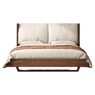 顾家家居中古风北美黑胡桃木全实木床家用悬浮床头层真皮1.8m床