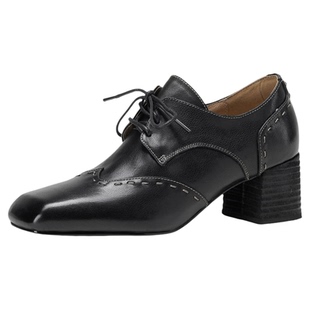 玮保/胎牛皮 中粗跟方头布洛克德比鞋女系带真皮深口单鞋小皮鞋春