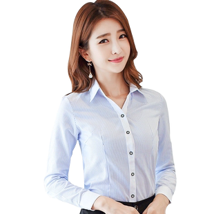 春秋长袖竖纹衬衫女士职业正装马蹄袖银行工装蓝白条纹短袖衬衣寸
