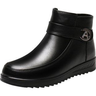 强人3515冬季新款真皮高帮女鞋羊毛保暖棉鞋防滑短靴中老年妈妈鞋