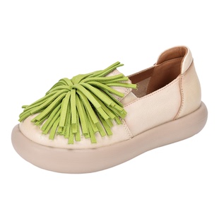 四起哥2026春头层牛皮复古风流苏厚底乐福鞋女百搭一脚蹬休闲单鞋