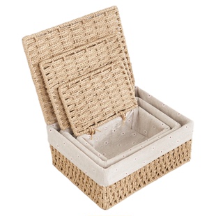 带盖子收纳盒藤编零食收纳筐桌面置物筐杂物整理盒客厅玩具储物箱