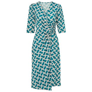 马天奴2025冬季新款孔雀绿几何印花连衣裙子V领抓褶收腰短袖气质