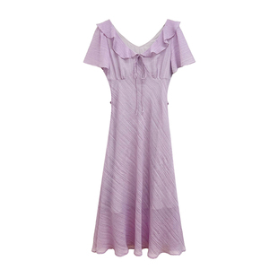 米米子微胖大码胖mm“青提萄萄”时尚V领斜纹肌理飘逸仙气连衣裙