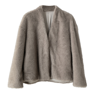 少量~质感无敌 轻暖奢华！Ed*仿兔毛环保皮草宽松V领落肩毛绒外套