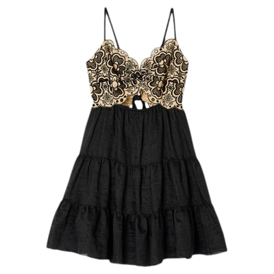 SANDRO春夏女装法式优雅棉质杏色花朵刺绣镂空A字短款吊带连衣裙