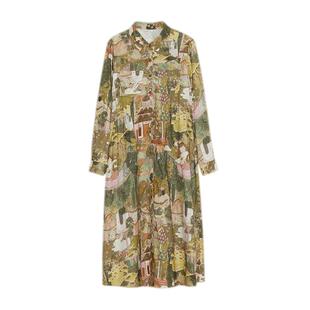 谜底花色连衣裙长袖女秋季新款复古印花A型宽松长裙233ML1001