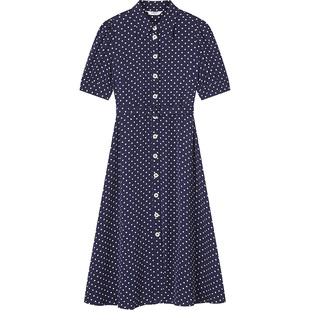 LK BENNETT深蓝波点衬衫连衣裙女长款2024夏新款法式气质复古港风